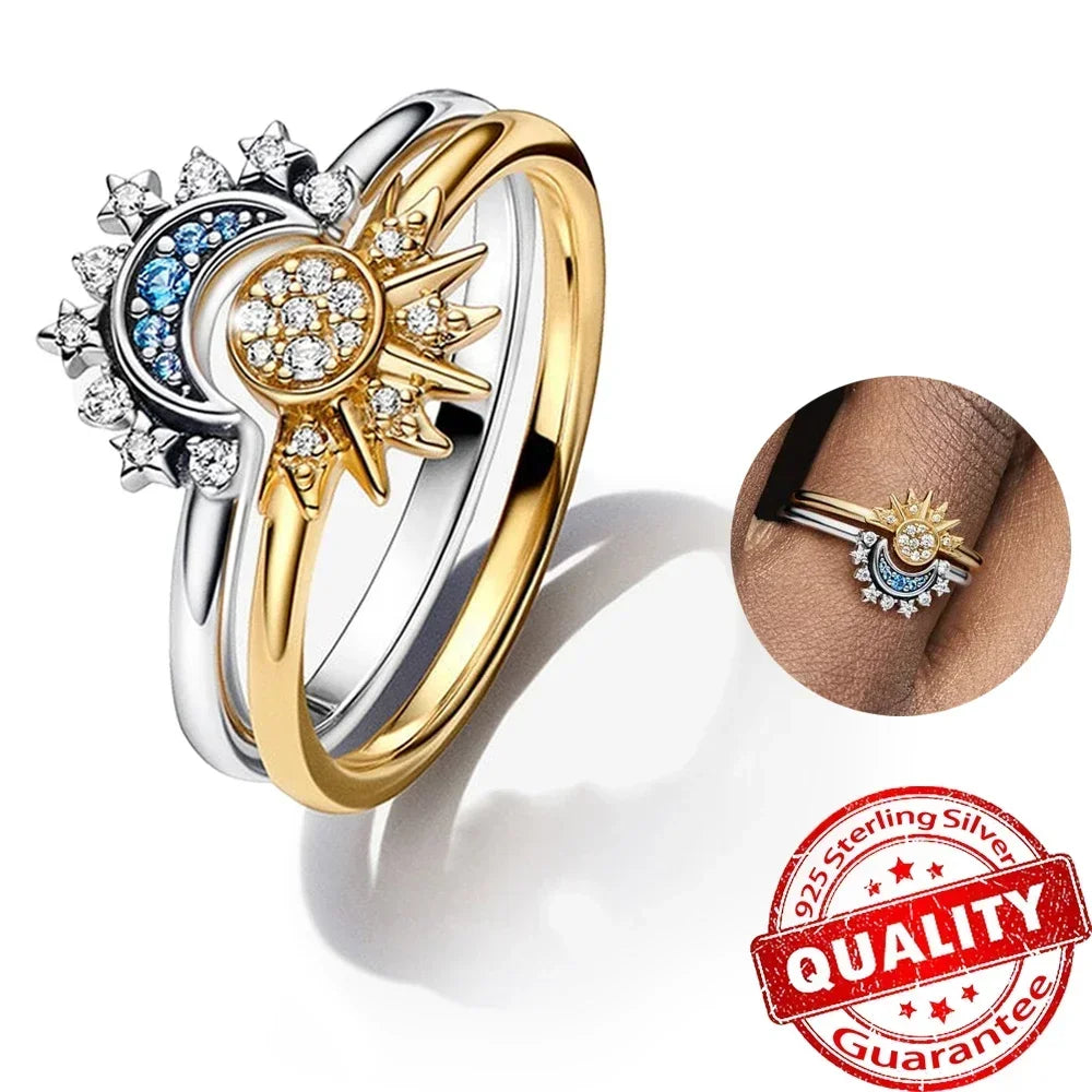 Summer Celestial Blue Sparkling Moon Sun Ring For Women Cocktail Stackable Finger Band Fashion Silver 925 Fine Jewellry Crystal Summer Celestial Blue Sparkling Moon Sun Ring For Women Cocktail Stackable Finger Band Fashion Silver 925 Fine Jewellry Crystal